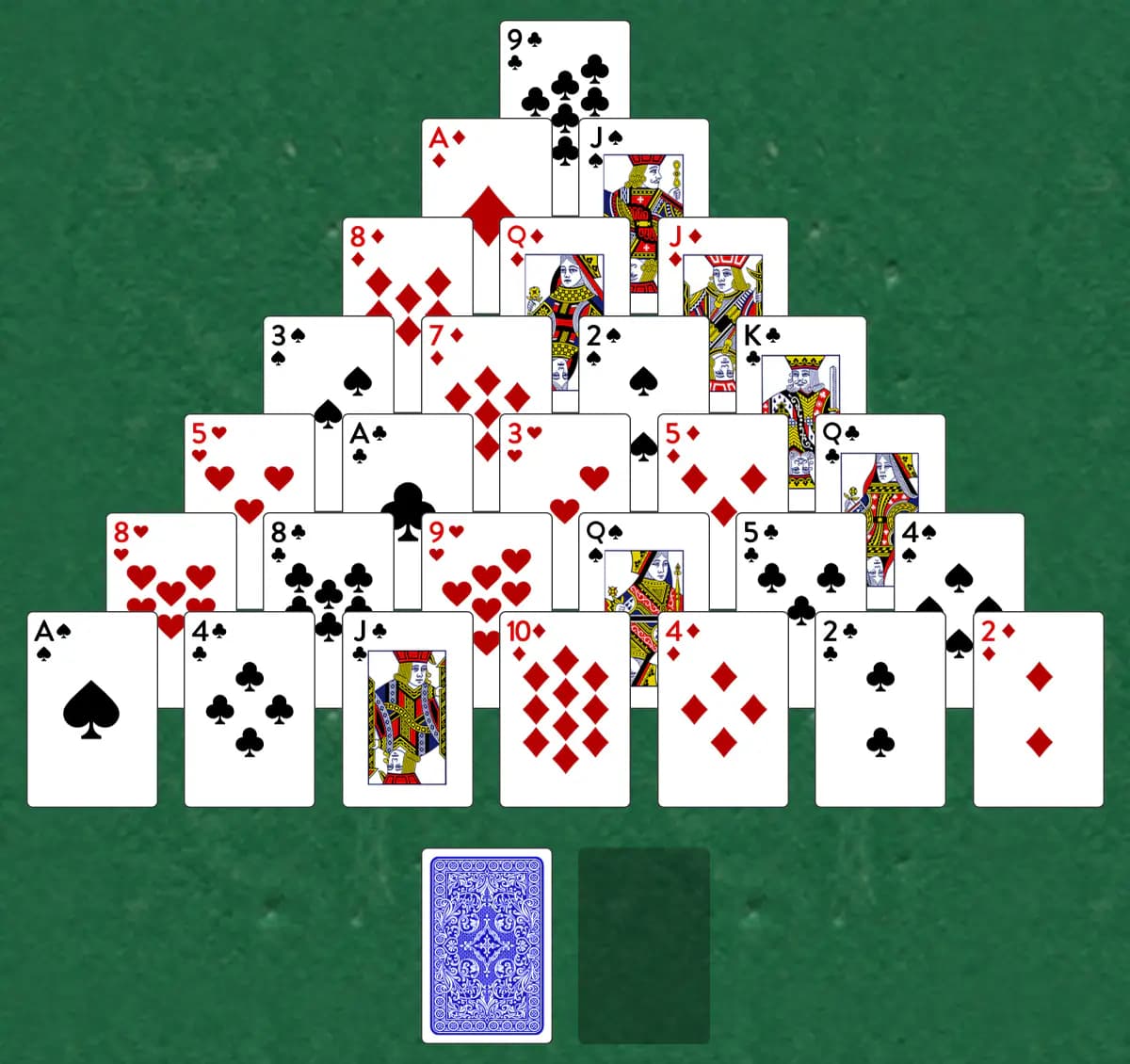 The opening deal of Pyramid Solitaire, laid out on a green felt table.