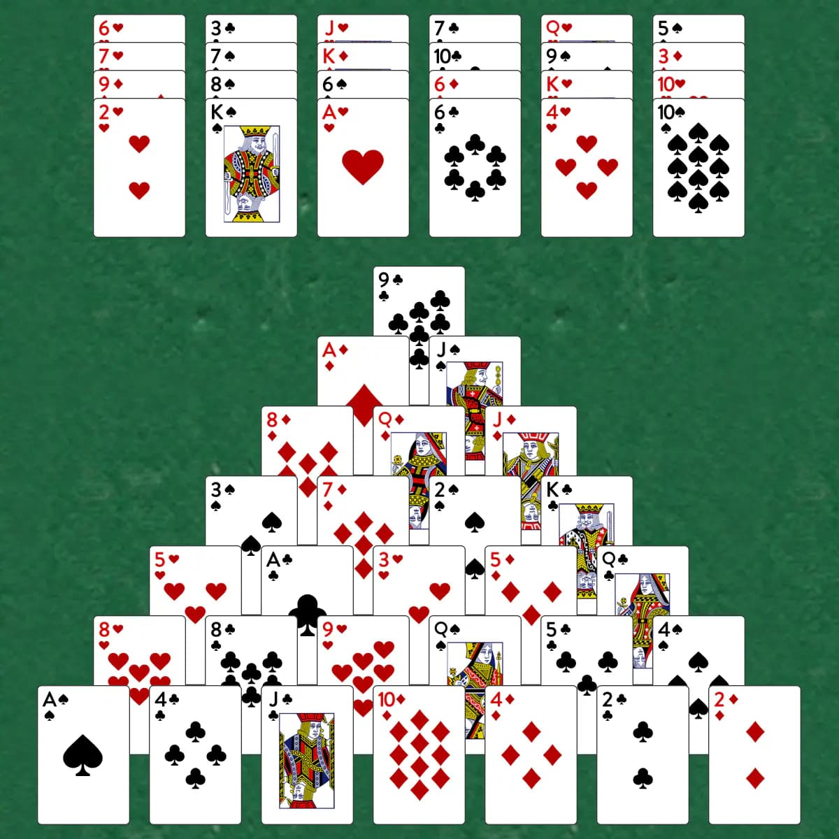 The opening deal of Pyramid Dozen Solitaire, laid out on a green felt table.