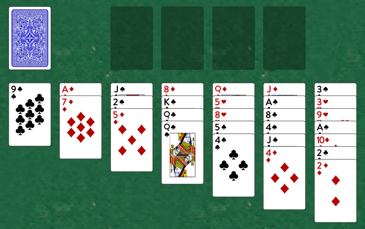 The opening deal of Queenie Solitaire, laid out on a green felt table.
