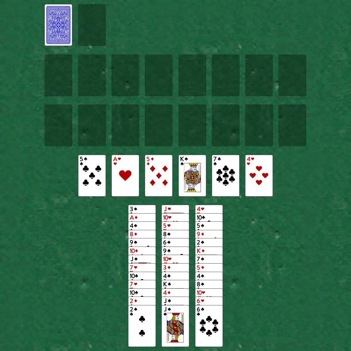 The opening deal of Racing Aces Solitaire, laid out on a green felt table.
