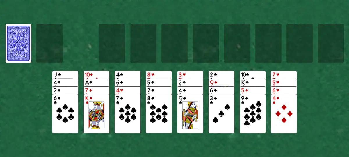 The opening deal of Rows of Four Solitaire, laid out on a green felt table.