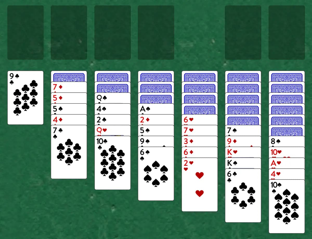 The opening deal of Russian Cell Solitaire, laid out on a green felt table.