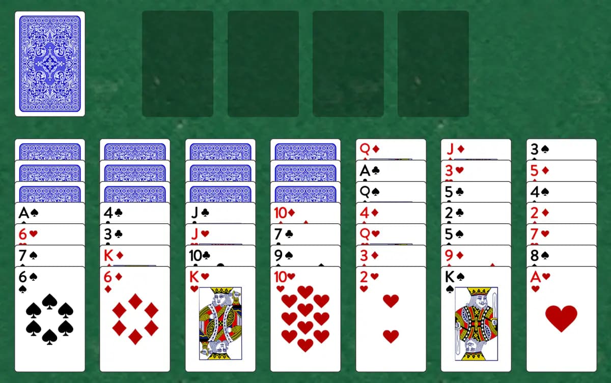 The opening deal of Scorpion Solitaire, laid out on a green felt table.