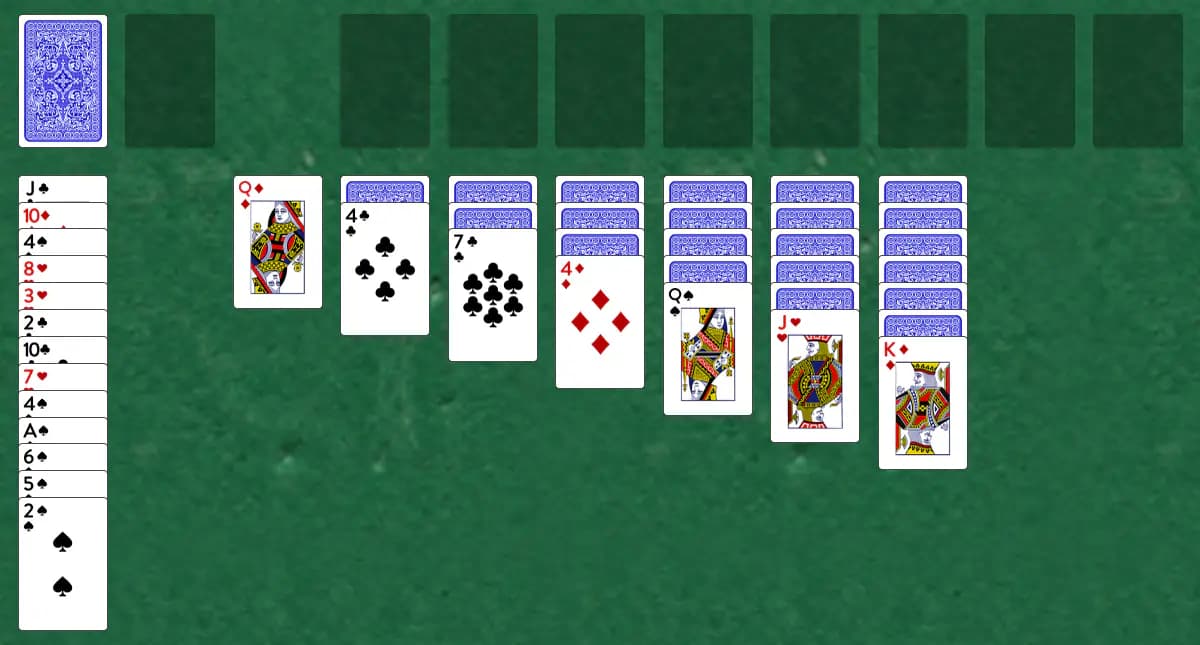 The opening deal of Seven Devils Solitaire, laid out on a green felt table.