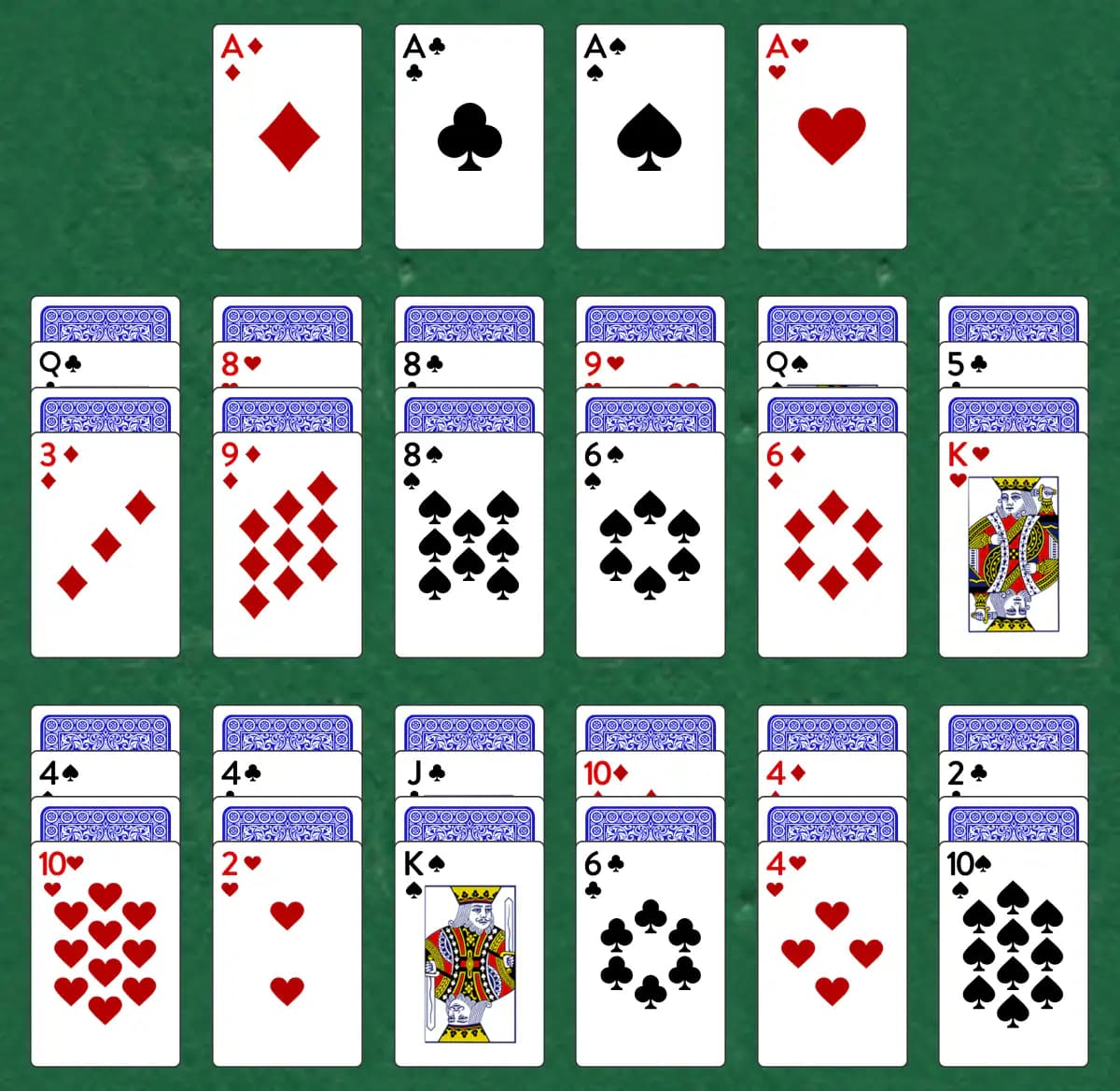 The opening deal of Stewart Solitaire, laid out on a green felt table.