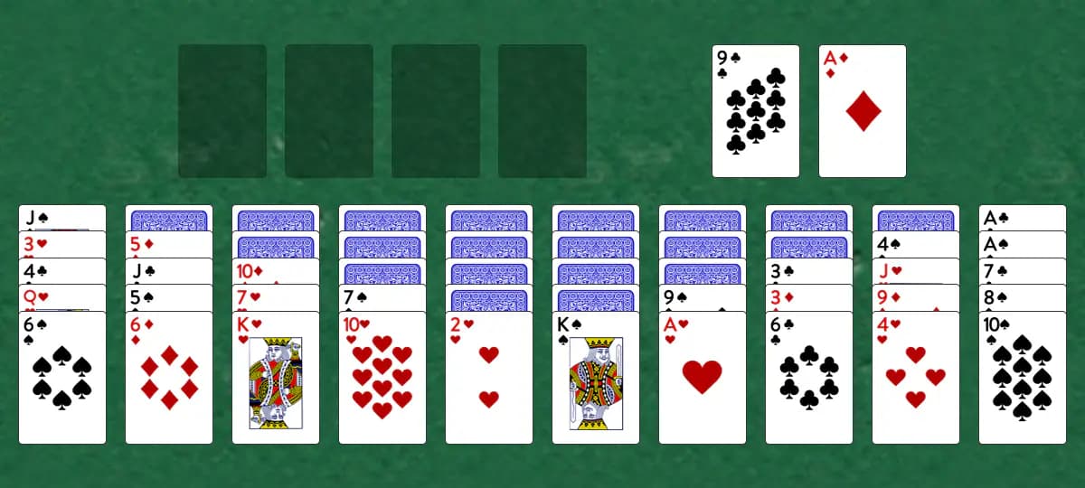 The opening deal of Ten Across Solitaire, laid out on a green felt table.