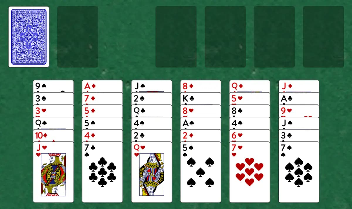 The opening deal of Thirty Six Solitaire, laid out on a green felt table.