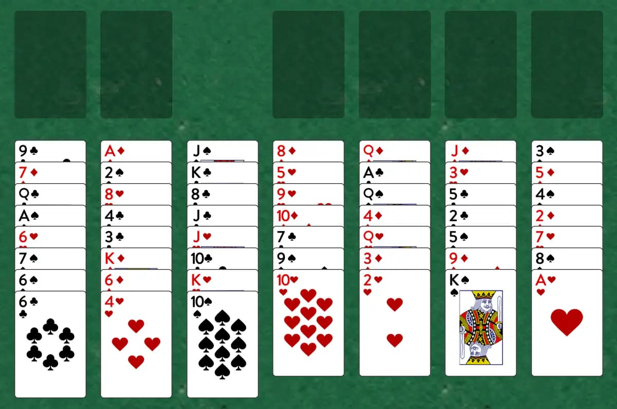 The opening deal of Thoughtful Solitaire, laid out on a green felt table.