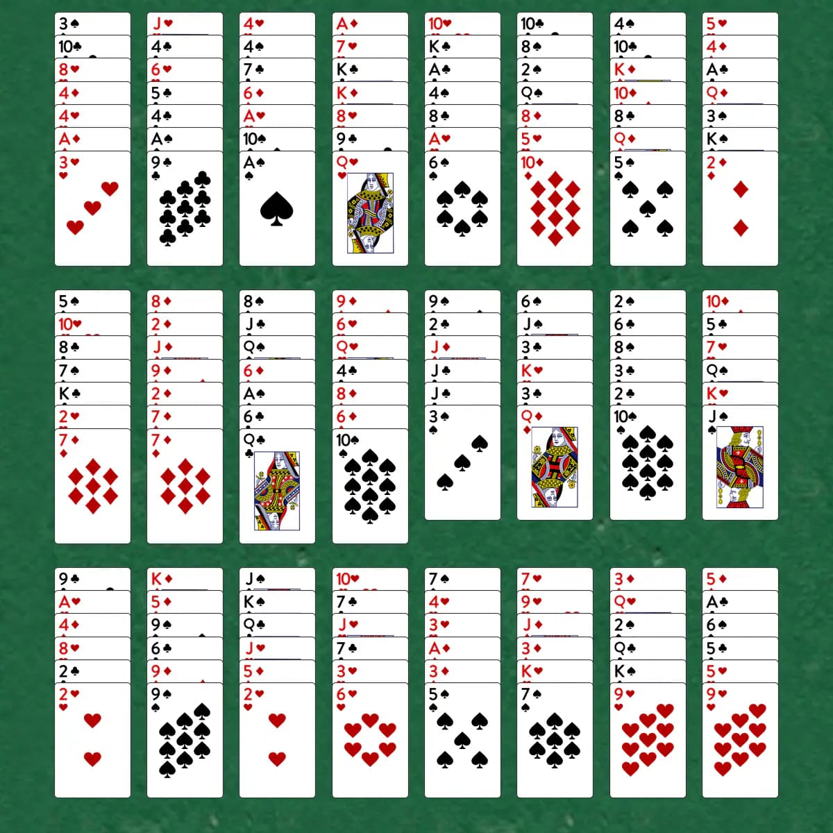 The opening deal of Triple Fourteens Solitaire, laid out on a green felt table.