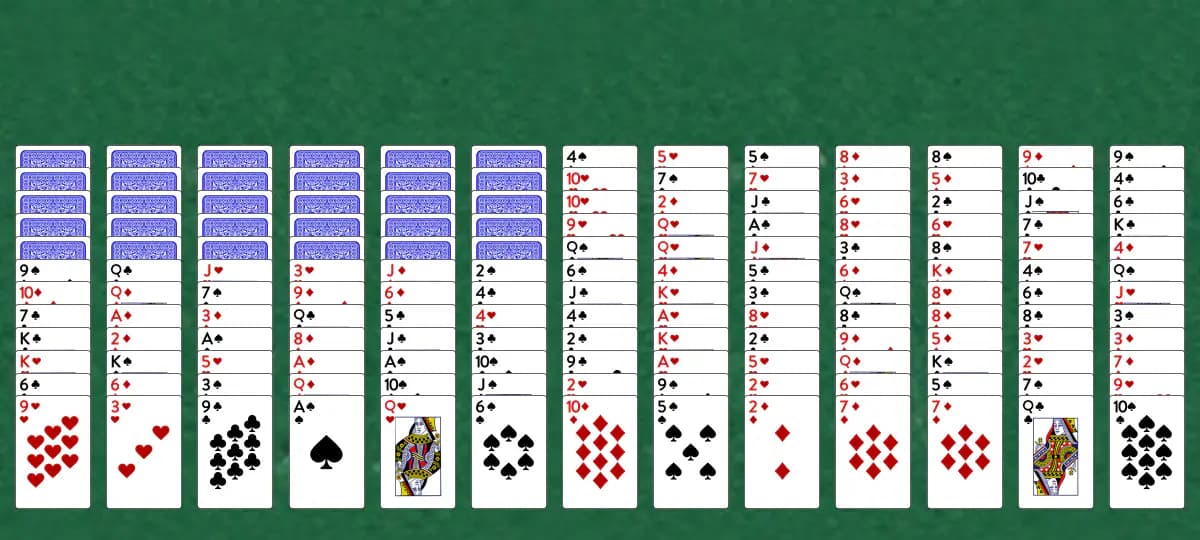 The opening deal of Triple Scorpion Solitaire, laid out on a green felt table.