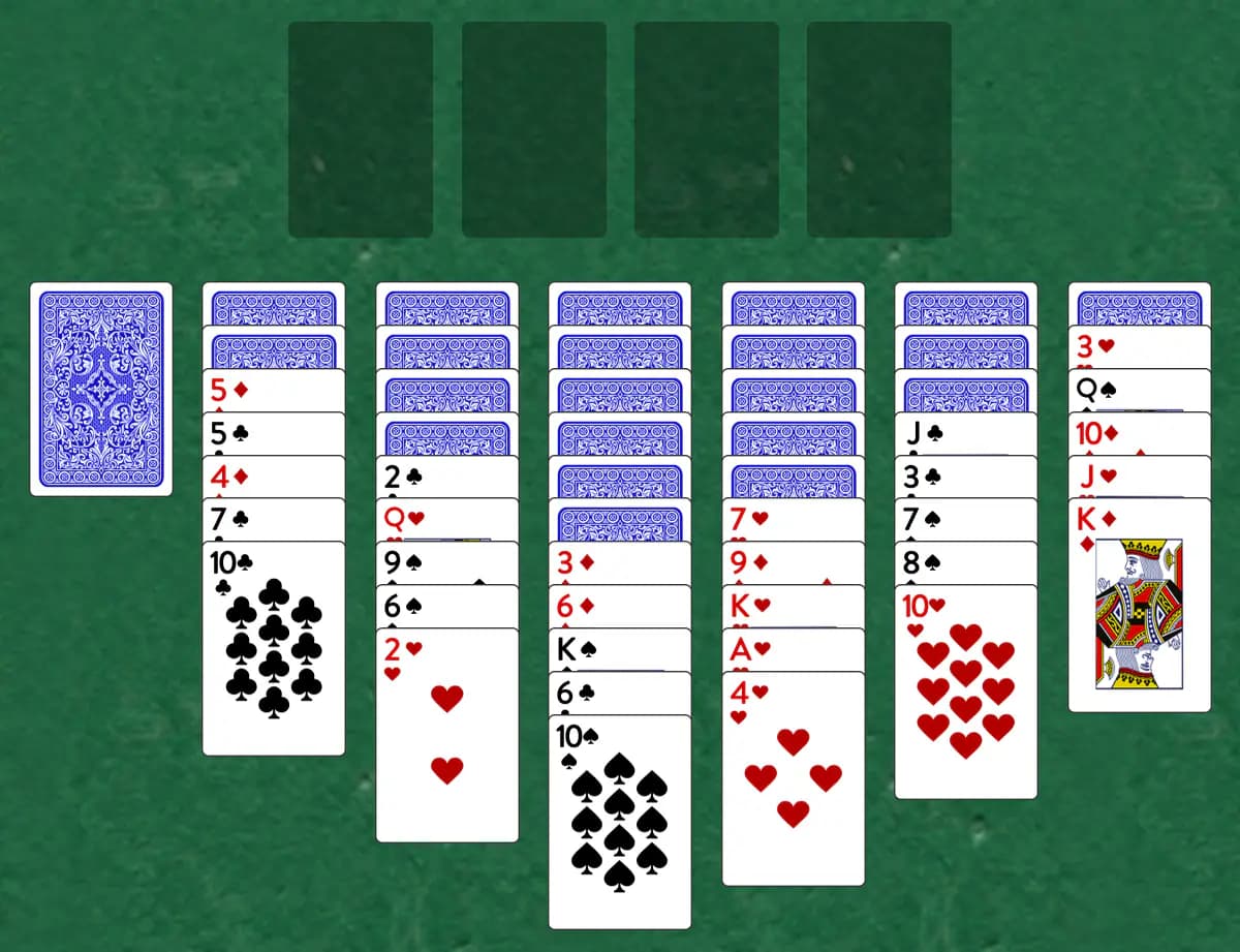 The opening deal of Tvete's Grandfather Solitaire, laid out on a green felt table.