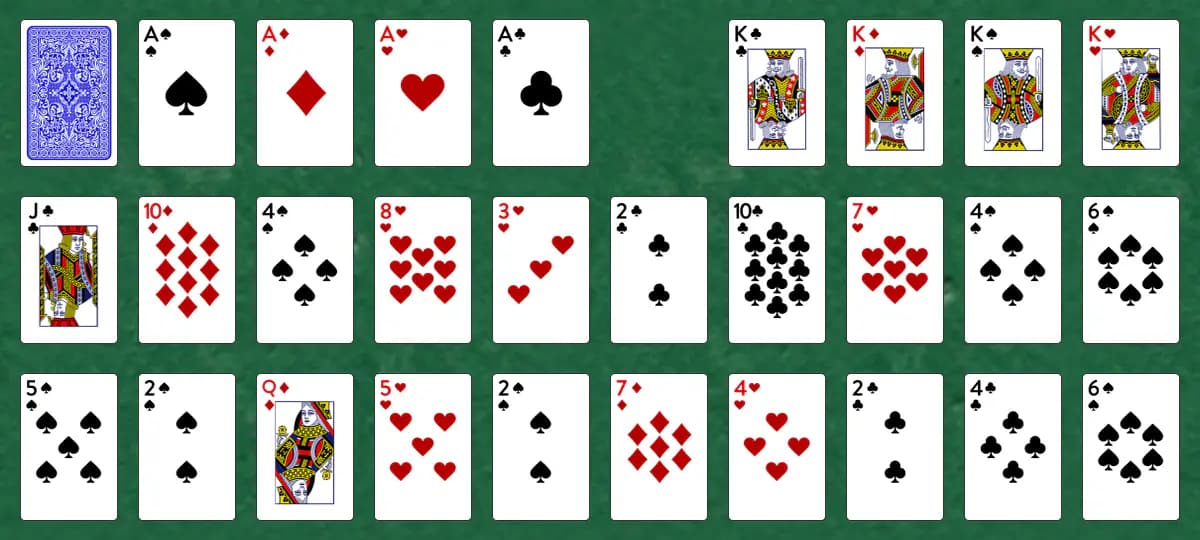 The opening deal of Twenty Solitaire, laid out on a green felt table.