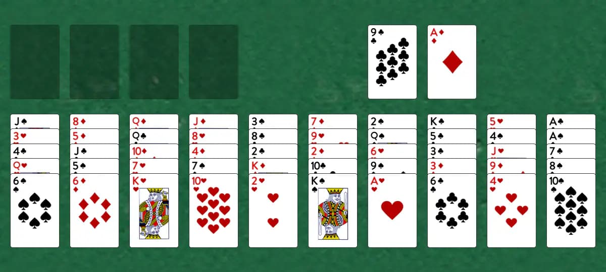 The opening deal of Winery Solitaire, laid out on a green felt table.