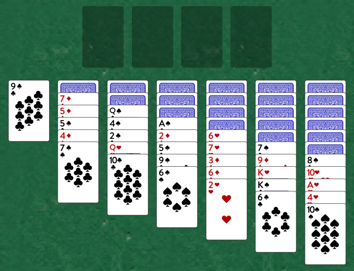 The opening deal of Yakutat Bay Solitaire, laid out on a green felt table.