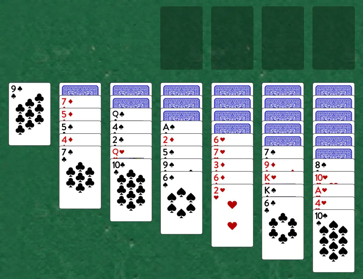 The opening deal of Yukon Solitaire, laid out on a green felt table.