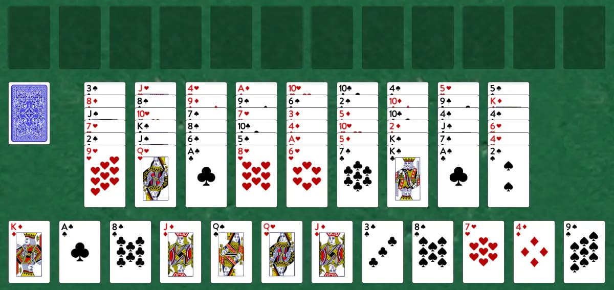 The opening deal of Algiers Solitaire, laid out on a green felt table.