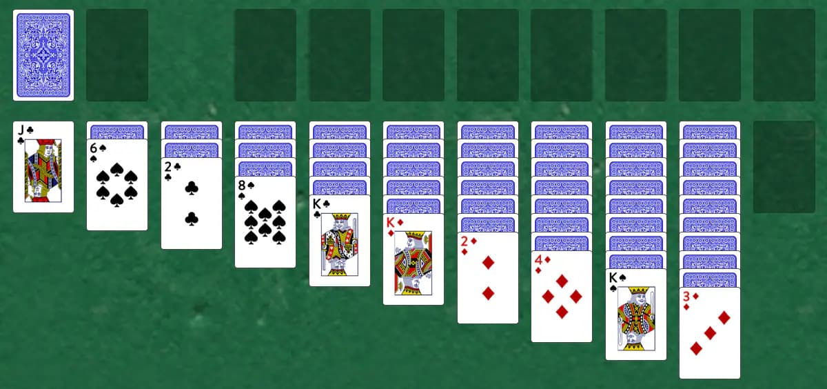 The opening deal of Batsford Solitaire, laid out on a green felt table.