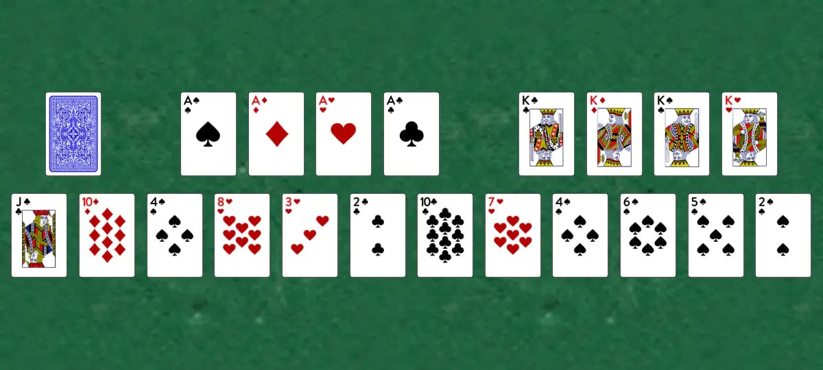 The opening deal of Caprice Solitaire, laid out on a green felt table.