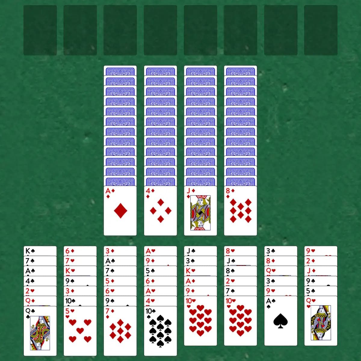 The opening deal of Castle of Indolence Solitaire, laid out on a green felt table.