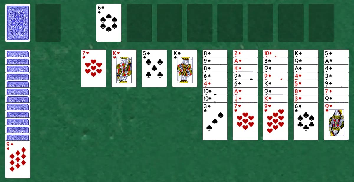 The opening deal of Demons and Thieves Solitaire, laid out on a green felt table.