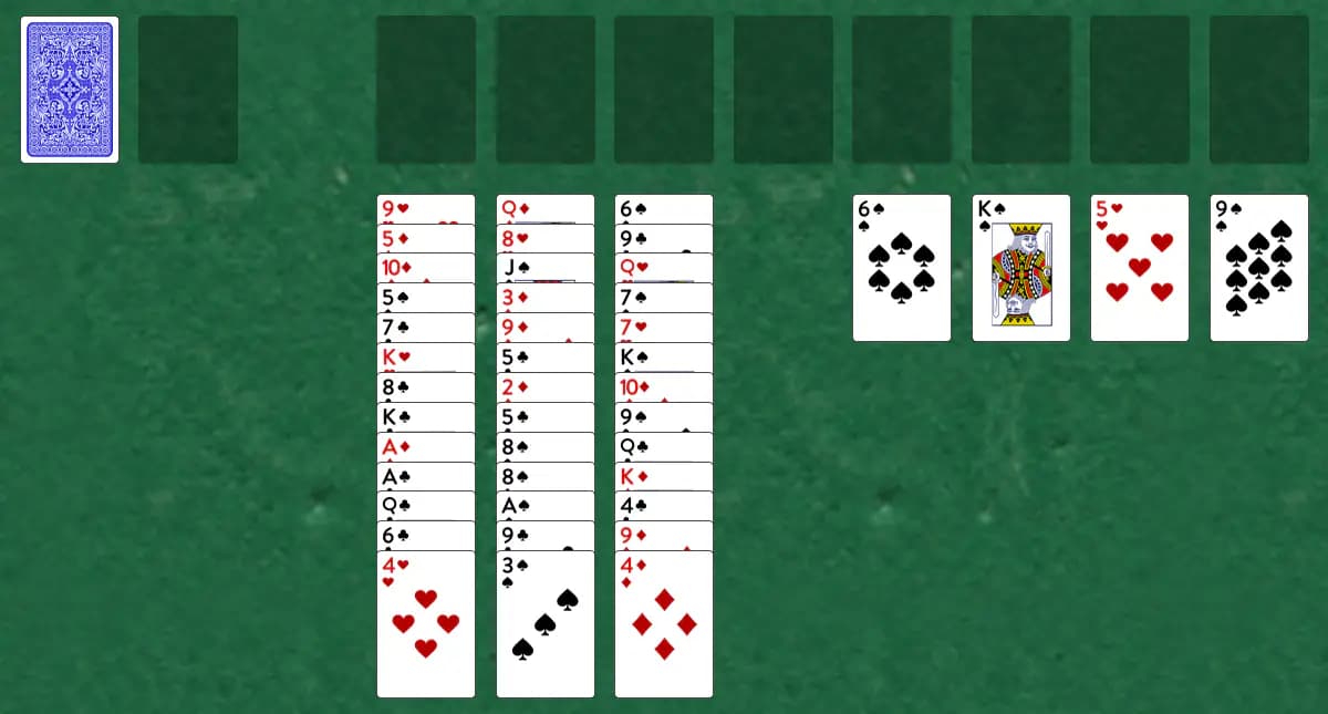 The opening deal of Deuces and Queens Solitaire, laid out on a green felt table.
