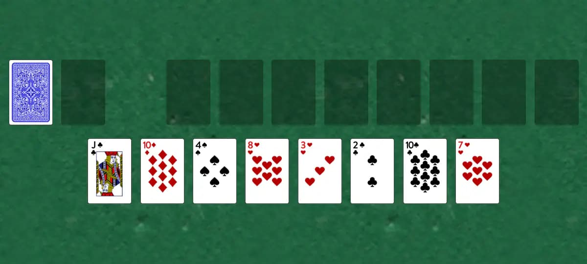 The opening deal of Dimes Solitaire, laid out on a green felt table.
