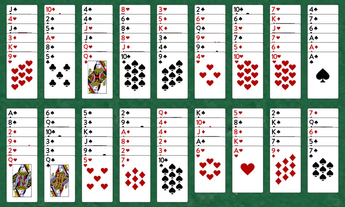 The opening deal of Double Fourteens Solitaire, laid out on a green felt table.