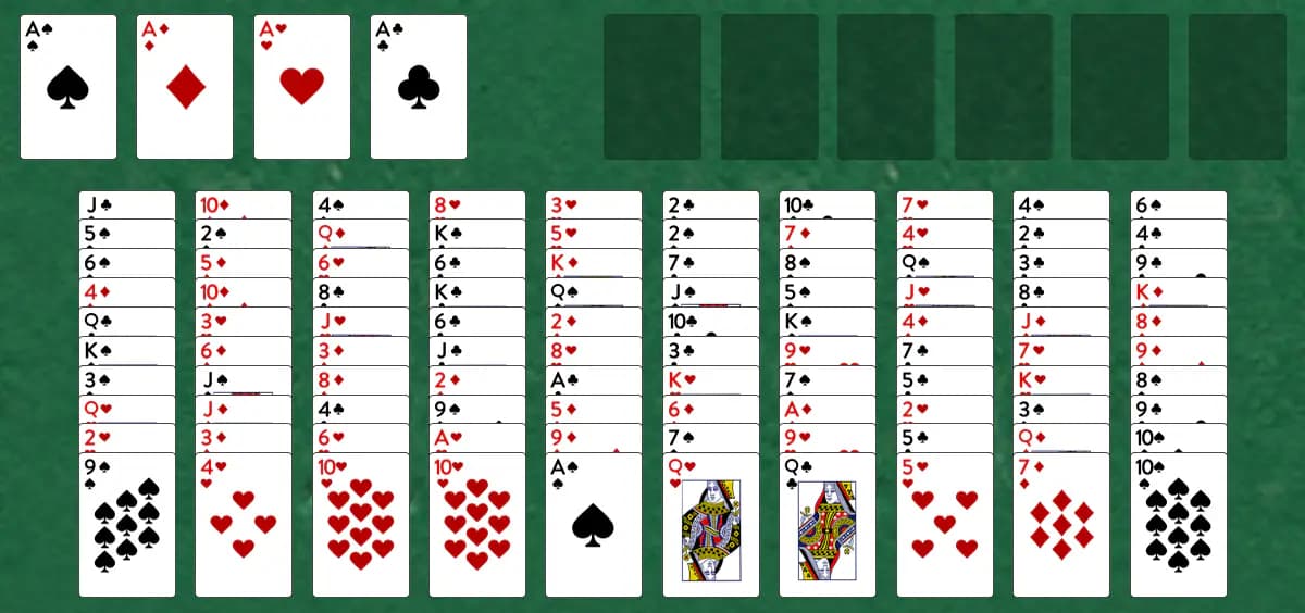 The opening deal of Double FreeCell Solitaire, laid out on a green felt table.