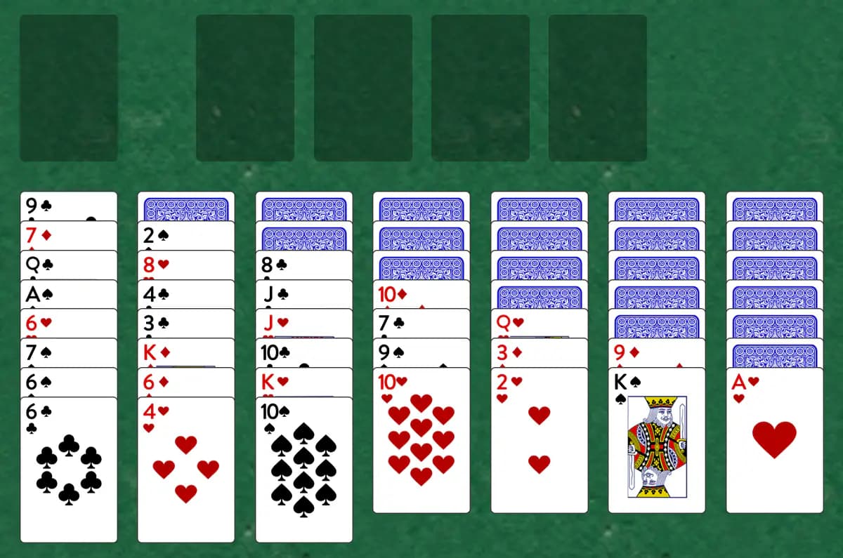 The opening deal of Dragon Solitaire, laid out on a green felt table.