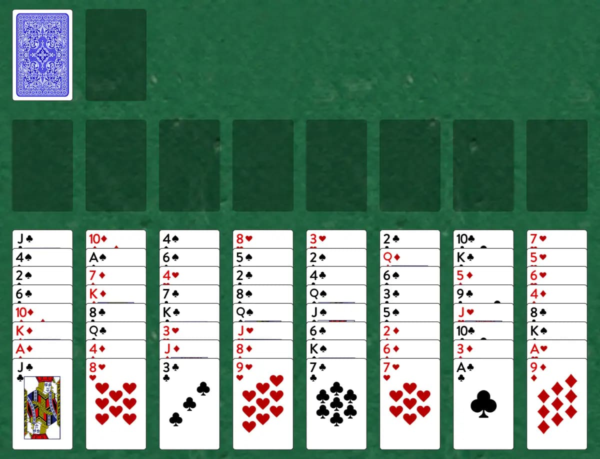 The opening deal of Eight by Eight Solitaire, laid out on a green felt table.