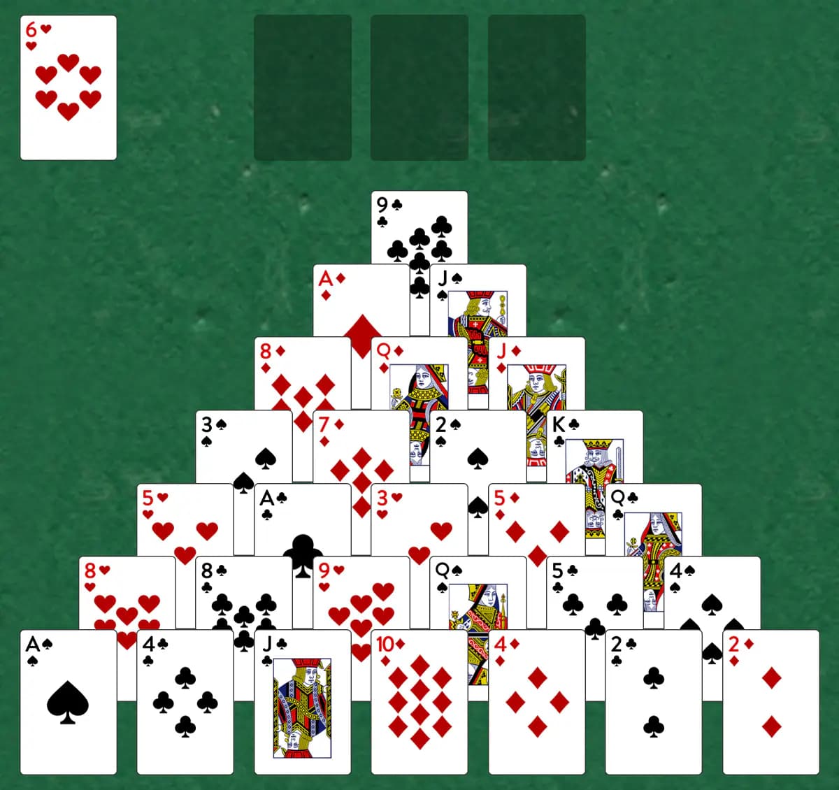 The opening deal of Eleven Triangle Solitaire, laid out on a green felt table.