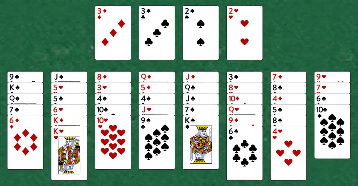 The opening deal of Exiled Kings Solitaire, laid out on a green felt table.