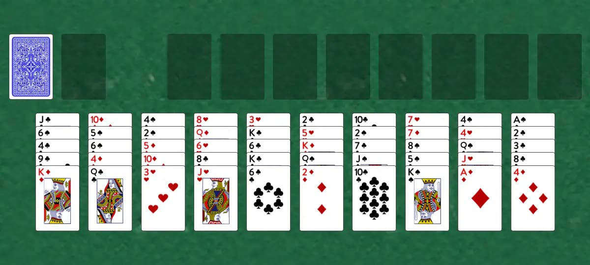 The opening deal of Famous Fifty Solitaire, laid out on a green felt table.