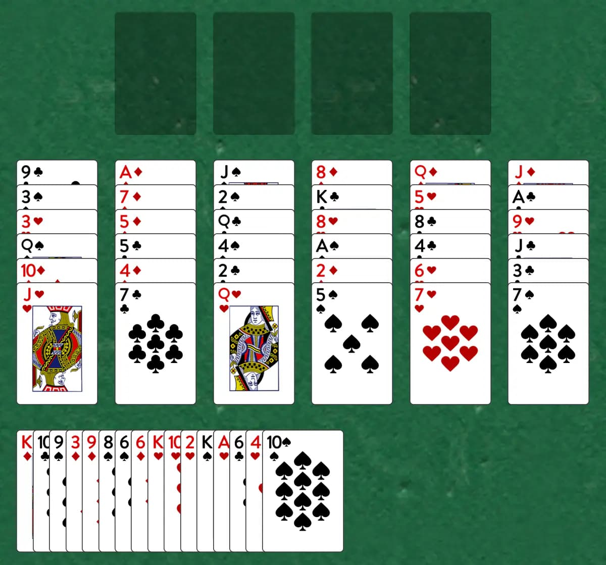 The opening deal of Flower Garden Solitaire, laid out on a green felt table.