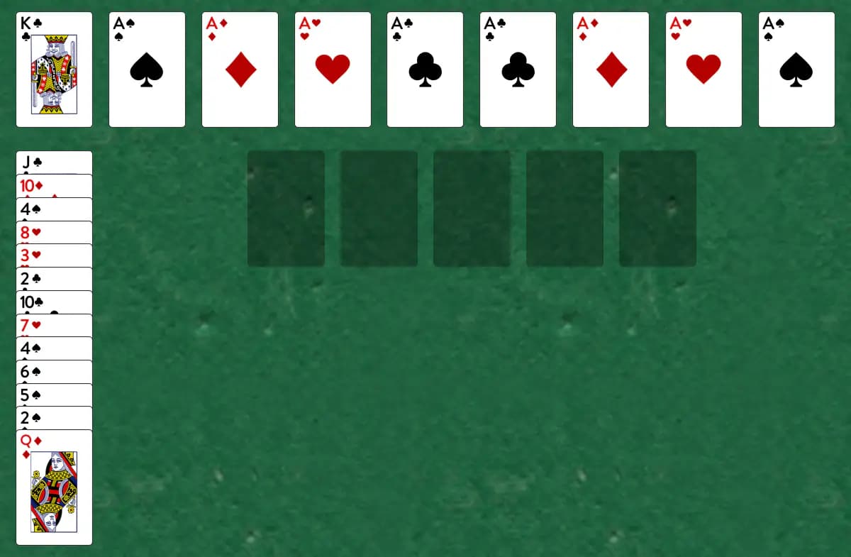 The opening deal of Fly Solitaire, laid out on a green felt table.