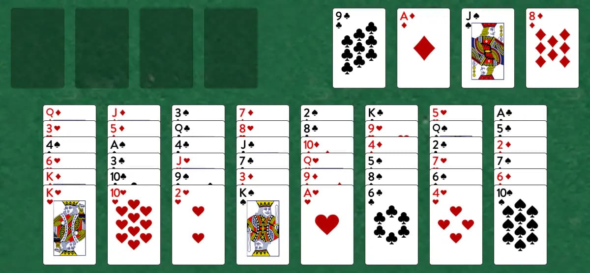 The opening deal of ForeCell Solitaire, laid out on a green felt table.