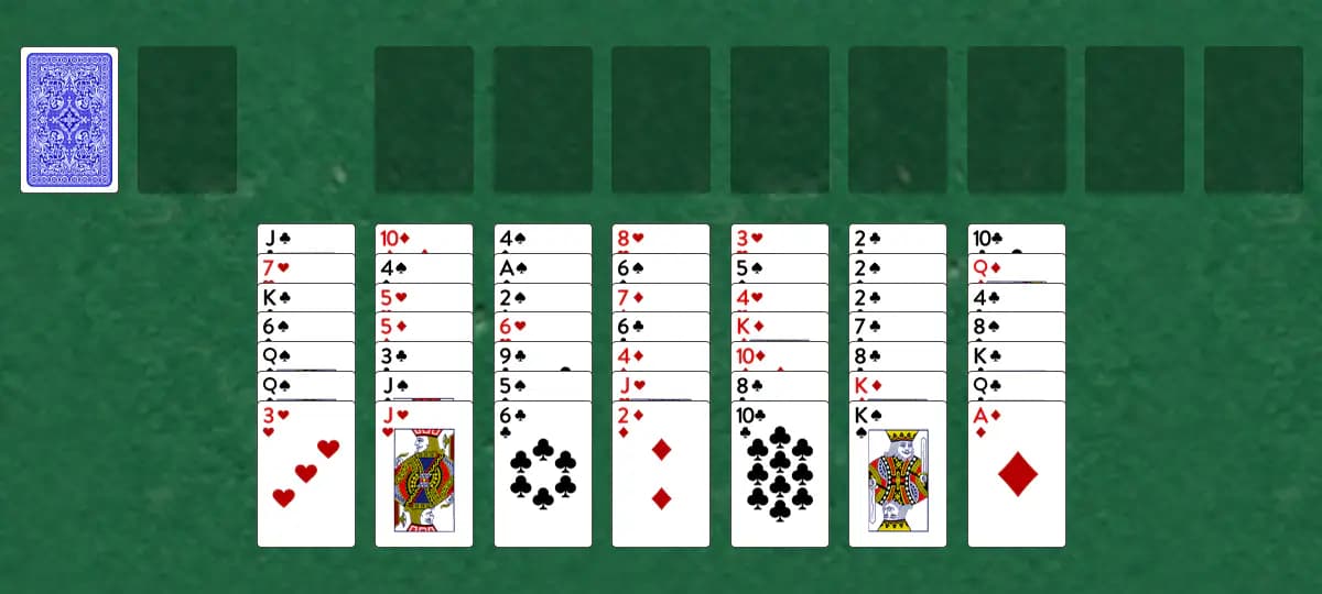 The opening deal of Forty-Nine Solitaire, laid out on a green felt table.