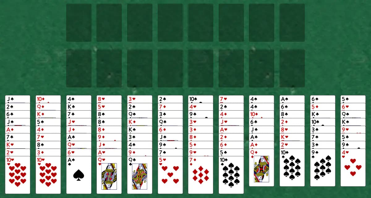 The opening deal of FreeCell Duplex Solitaire, laid out on a green felt table.