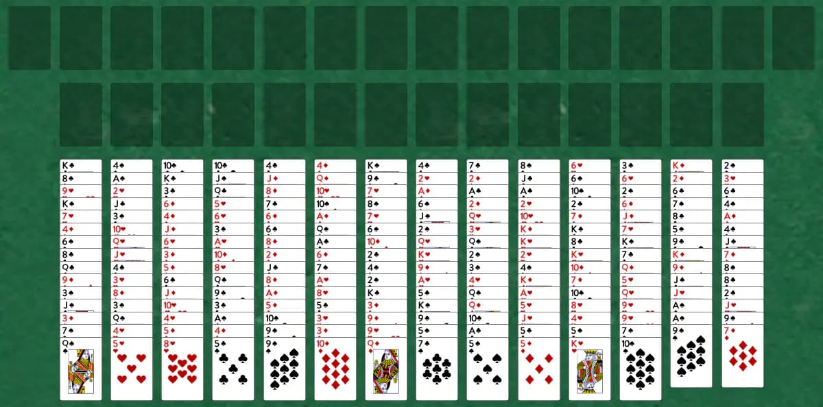 The opening deal of FreeCell Four Deck Solitaire, laid out on a green felt table.