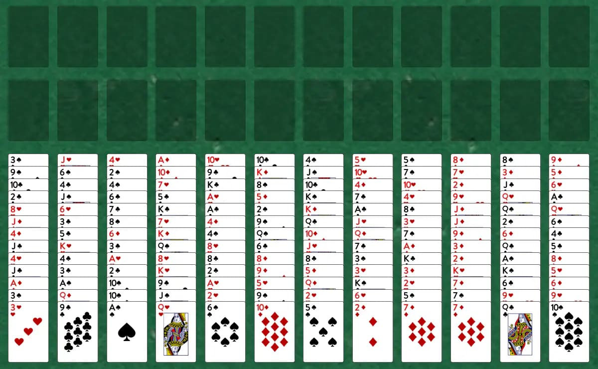 The opening deal of FreeCell Three Deck Solitaire, laid out on a green felt table.