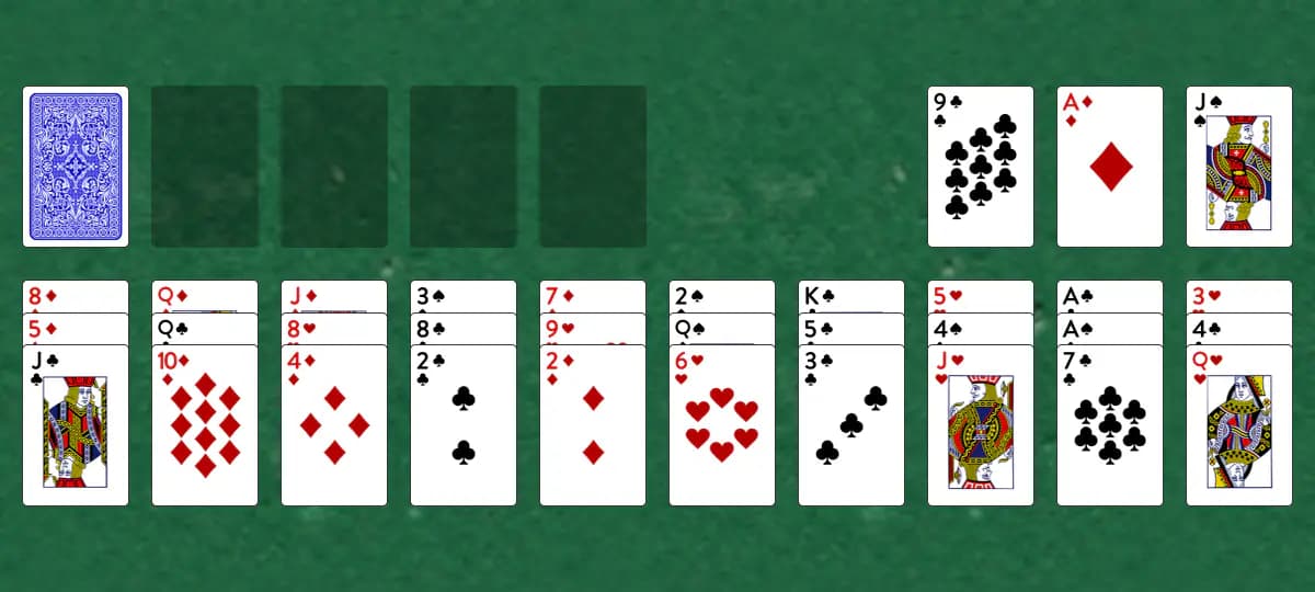 The opening deal of Friday Solitaire, laid out on a green felt table.