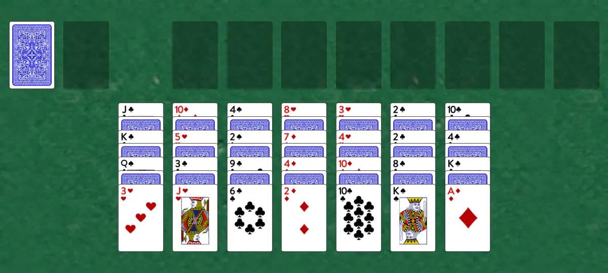 The opening deal of Interchange Solitaire, laid out on a green felt table.
