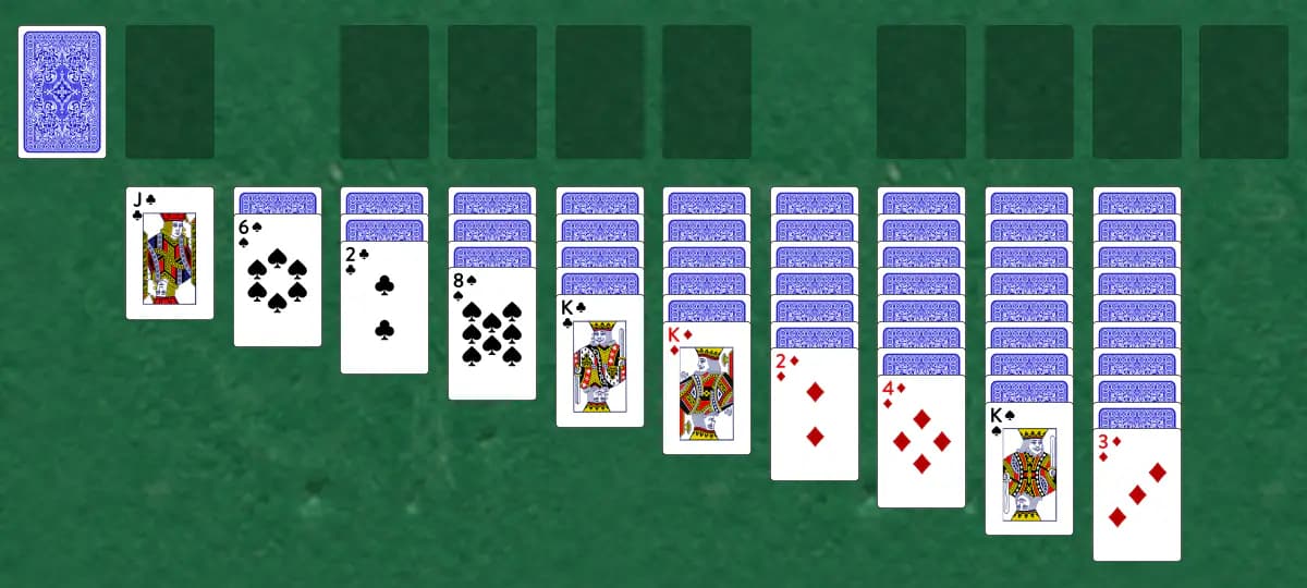 The opening deal of Lady Cadogan Solitaire, laid out on a green felt table.