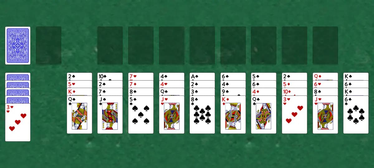 The opening deal of Mamy Susan Solitaire, laid out on a green felt table.