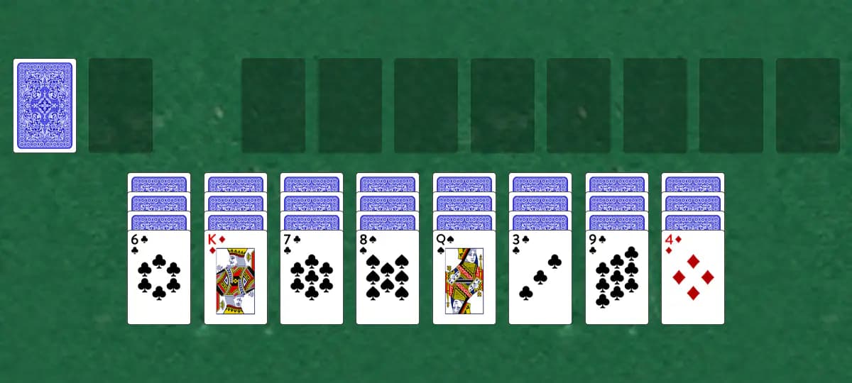 The opening deal of McClellan Solitaire, laid out on a green felt table.
