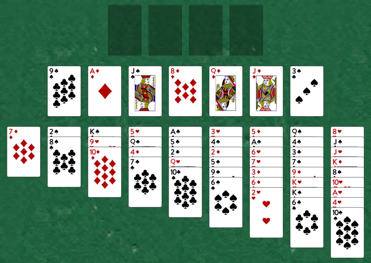 The opening deal of Muse Solitaire, laid out on a green felt table.