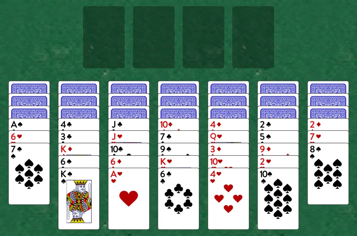 The opening deal of Odessa Solitaire, laid out on a green felt table.