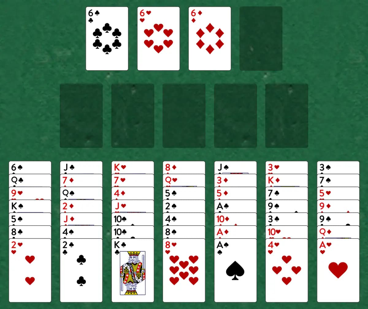 The opening deal of Opus Solitaire, laid out on a green felt table.