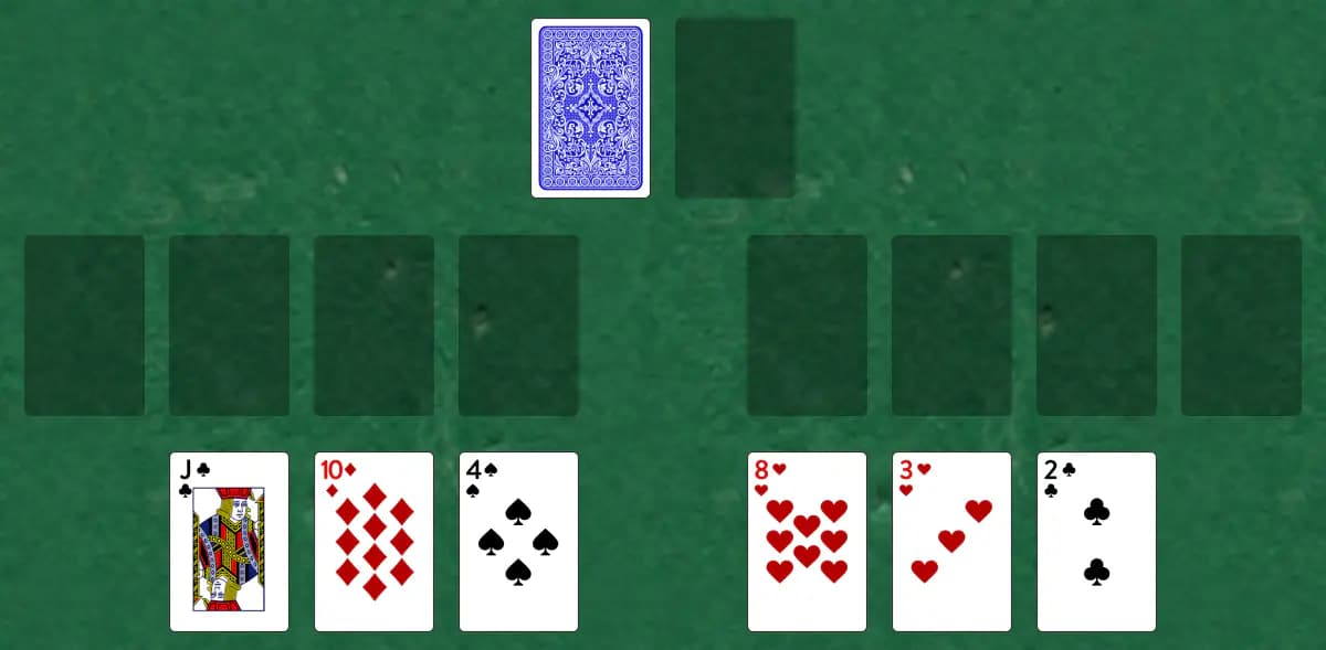 The opening deal of Penta Solitaire, laid out on a green felt table.