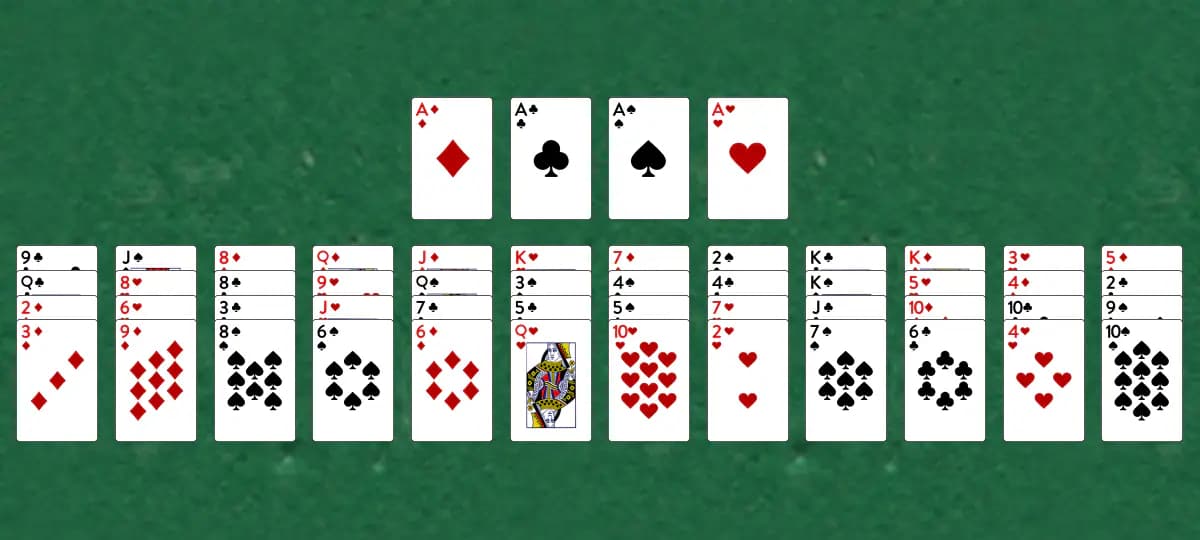 The opening deal of Perseverance B Solitaire, laid out on a green felt table.